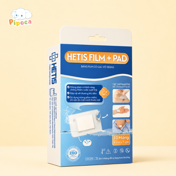 Miếng dán rốn em bé - Băng Film có gạc vô trùng Hetis Film Pad 6x7cm – Hộp 10 miếng