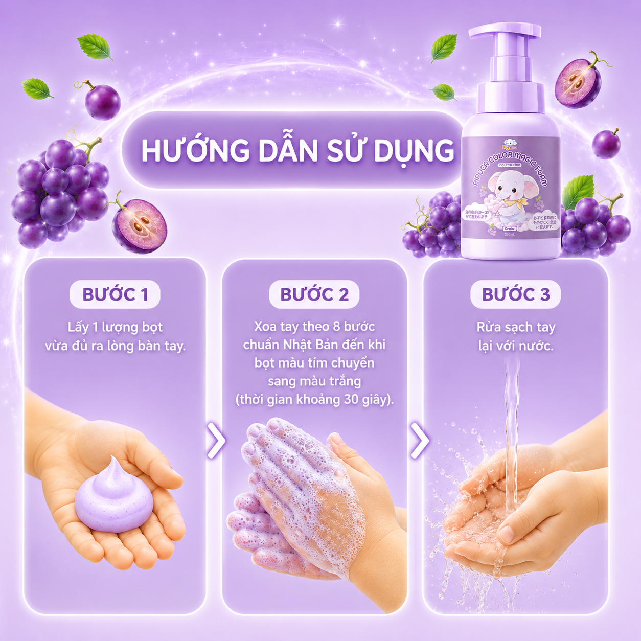 Bọt rửa tay đổi màu Pipoca Color Magic Foam Grape - Ảnh 3