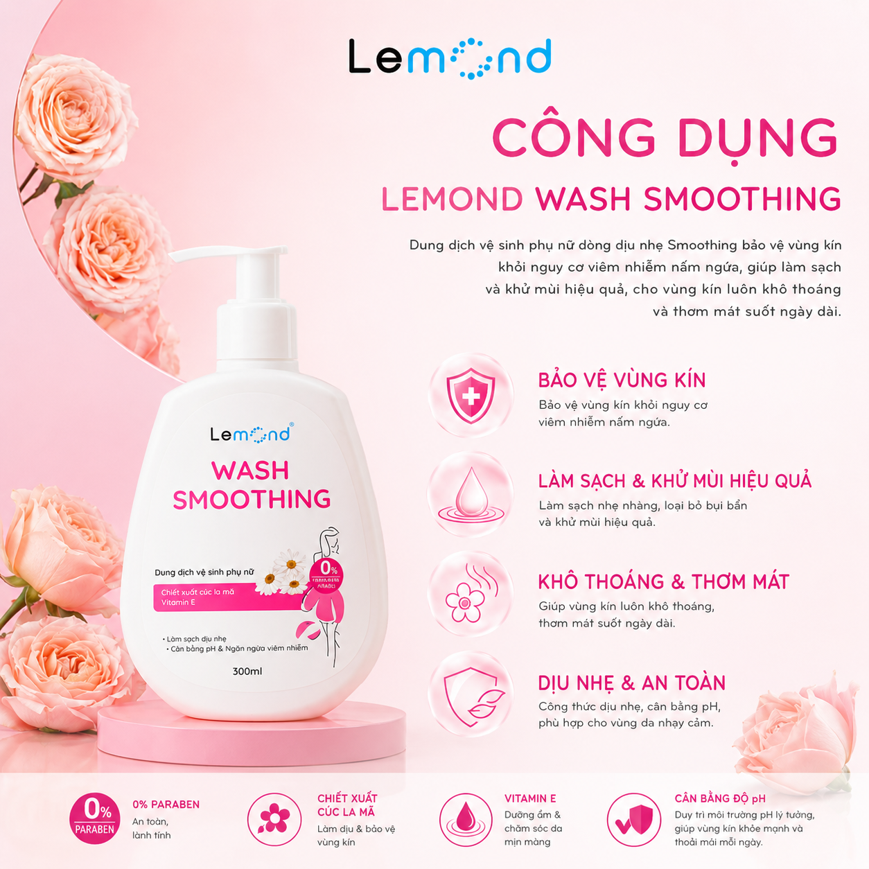 Dung dịch vệ sinh phụ nữ dịu nhẹ Lemond Wash Smoothing - Ảnh 3